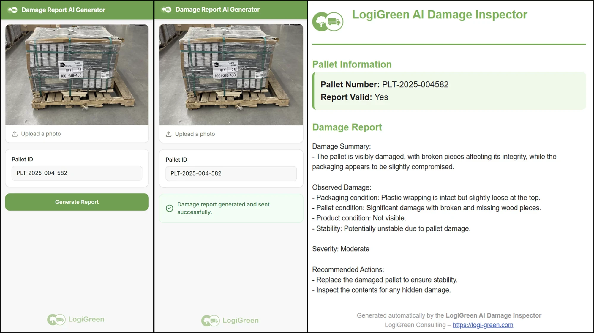 Damage report generator: photo upload, confirmation and the generated report