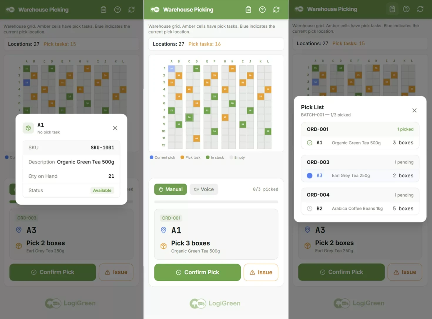 Warehouse picking app: pick instruction, warehouse grid and pick list